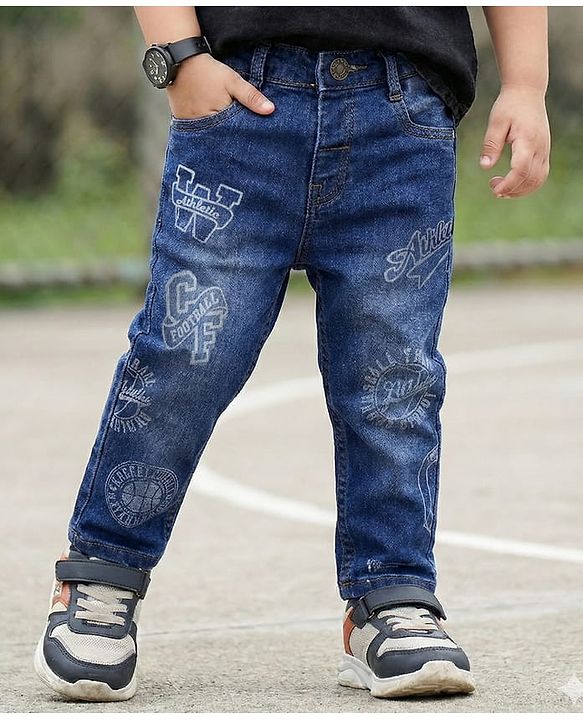 Babyhug Denim Full Length Washed Jeans With Stretch & Sports Theme Print - Navy Blue