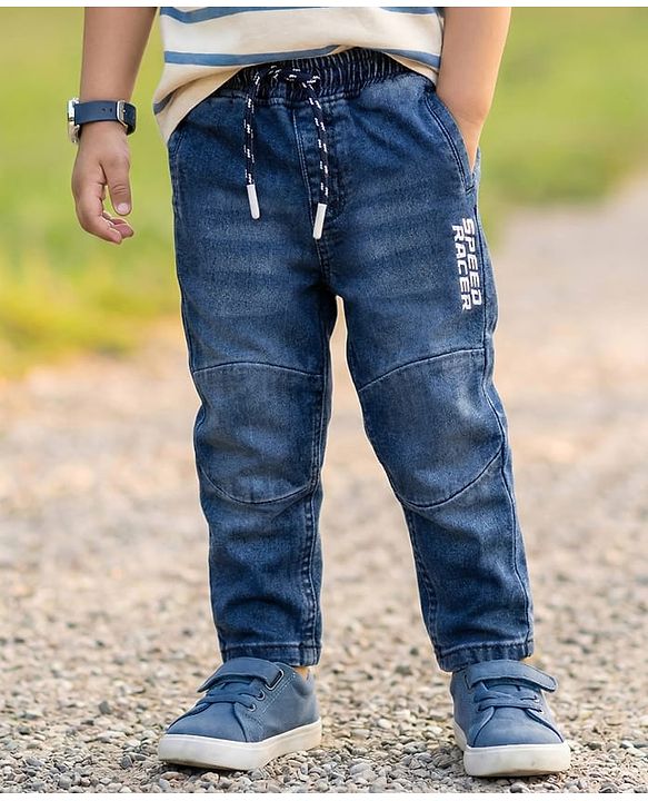 Babyhug Denim Full Length Washed Cut & Sew Jeans With Text embroidery & Stretch - Blue
