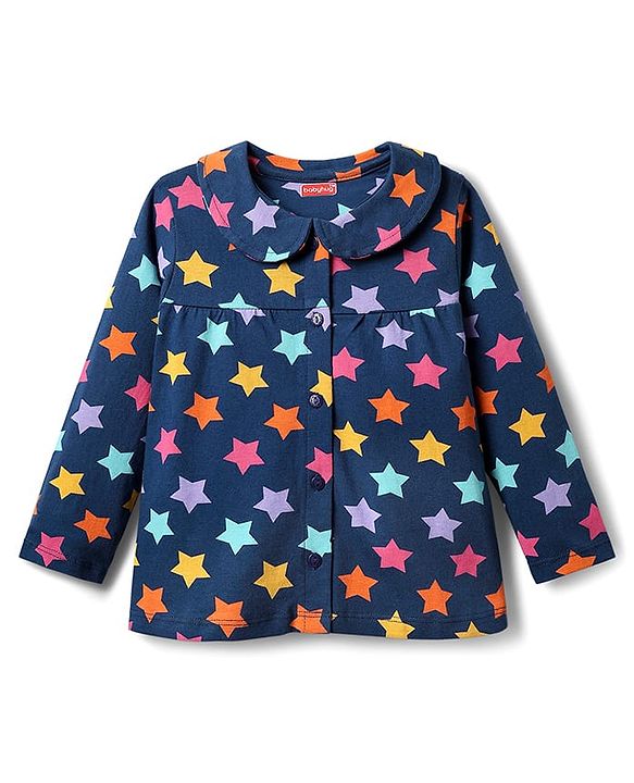 Babyhug Cotton Knit Full Sleeves Front Open Co-ords Night Suit With Star Print - Navy Blue