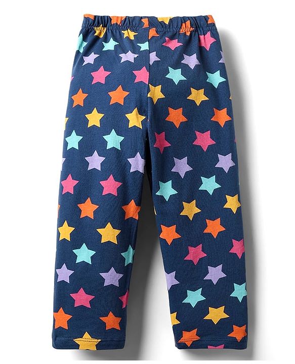 Babyhug Cotton Knit Full Sleeves Front Open Co-ords Night Suit With Star Print - Navy Blue