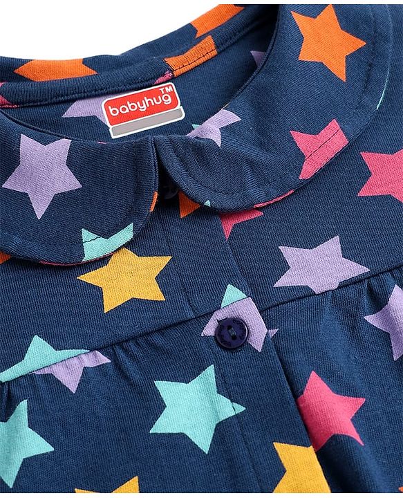 Babyhug Cotton Knit Full Sleeves Front Open Co-ords Night Suit With Star Print - Navy Blue