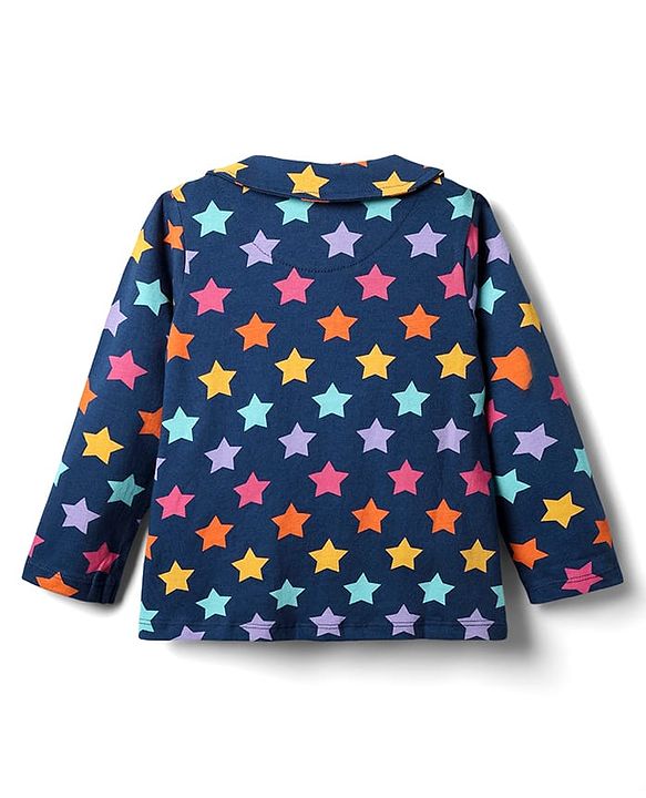 Babyhug Cotton Knit Full Sleeves Front Open Co-ords Night Suit With Star Print - Navy Blue