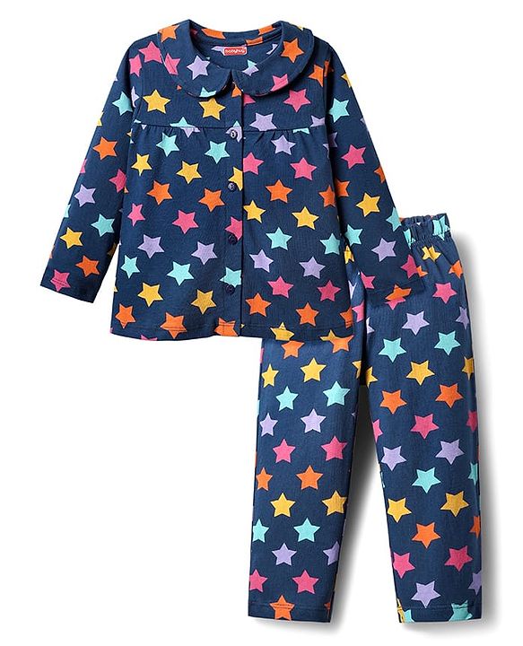 Babyhug Cotton Knit Full Sleeves Front Open Co-ords Night Suit With Star Print - Navy Blue