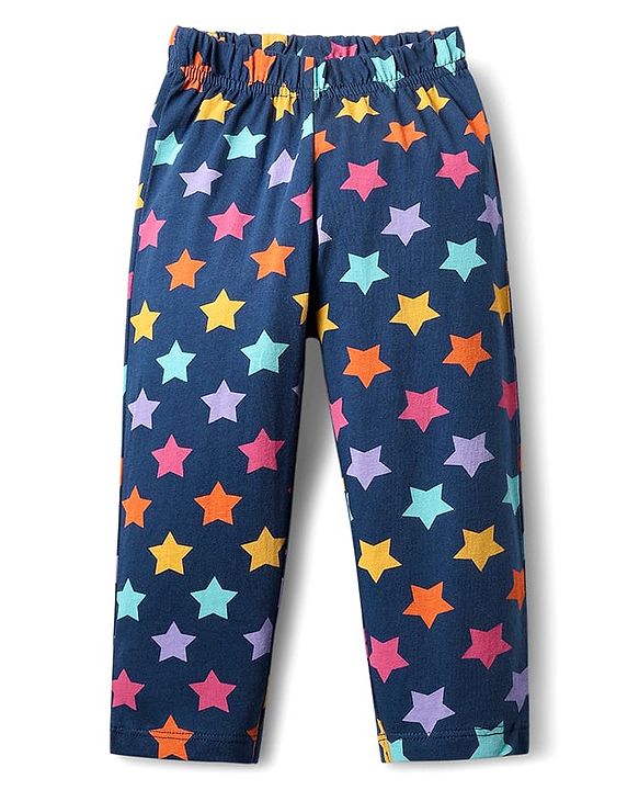 Babyhug Cotton Knit Full Sleeves Front Open Co-ords Night Suit With Star Print - Navy Blue