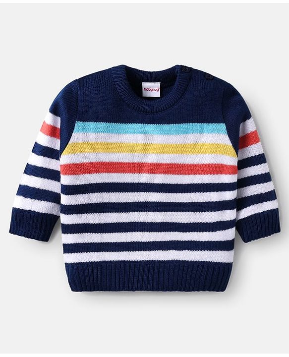 Babyhug Knitted Full Sleeves Sweater Set with Stripes - Navy Blue & White