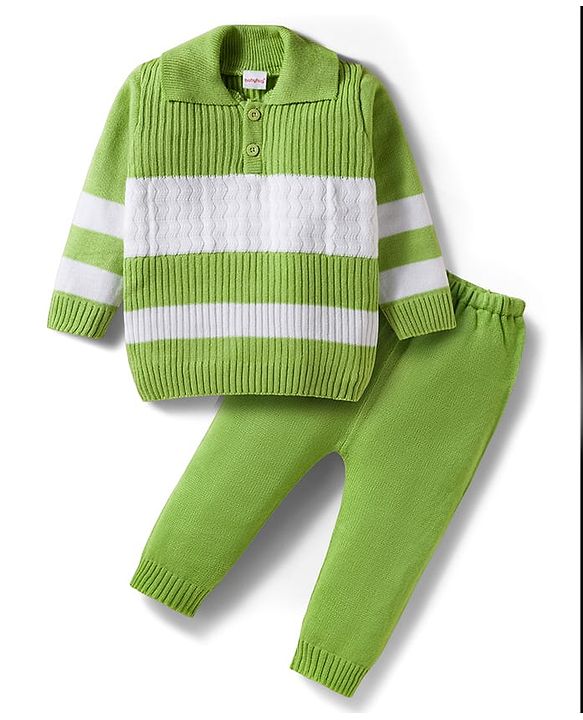 Babyhug Knit Full Sleeves Sweater Set With Colour Block Design - Green