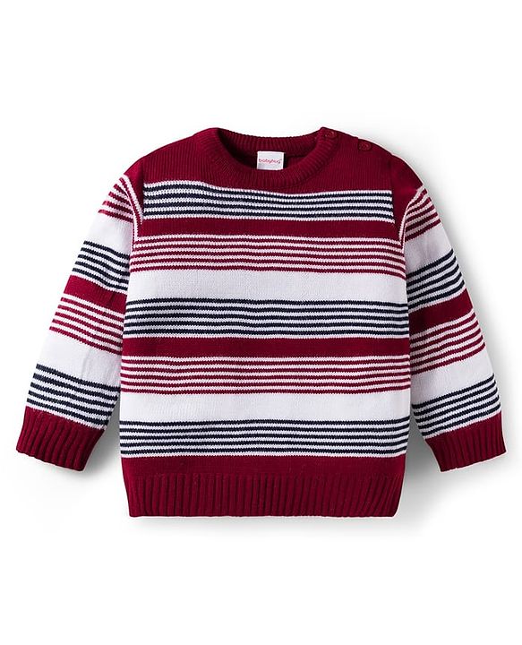 Babyhug Knit Full Sleeves Striped Pullover Sweater Set - Maroon
