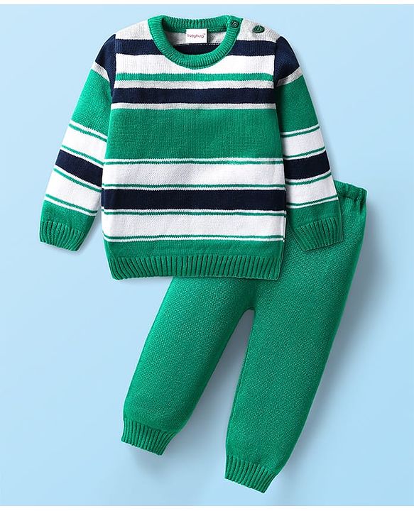 Babyhug Knitted Full Sleeves Striped Sweater Set - Green