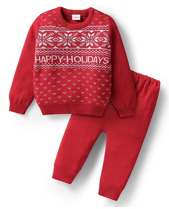 Babyhug Knitted Full Sleeves Sweater Set With Happy Holidays Design - Red