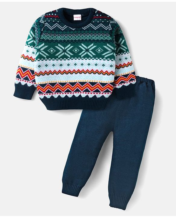 Babyhug Knitted Full Sleeves Sweater Set with Intarsia Design - Navy Blue