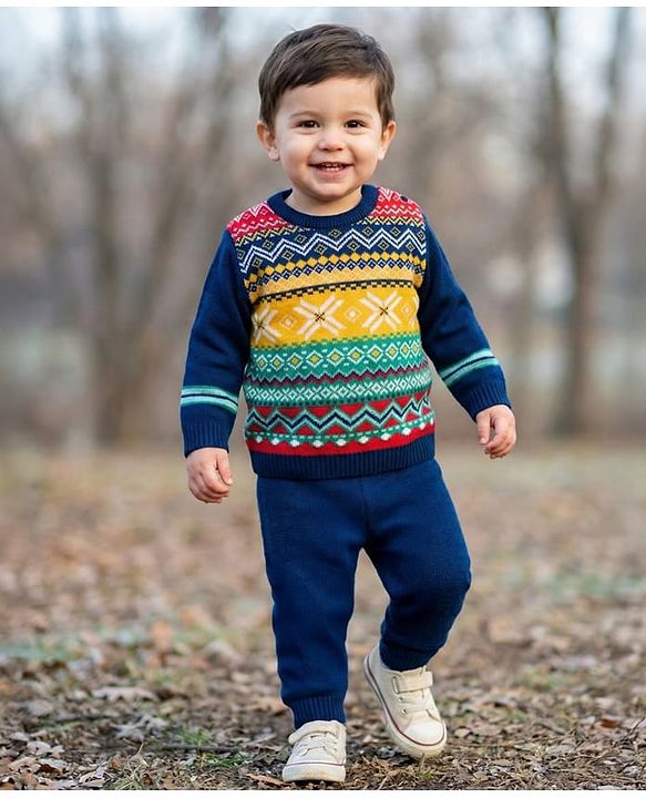 Babyhug Knitted Full Sleeves Sweater Set With Aztec Design - Navy Blue