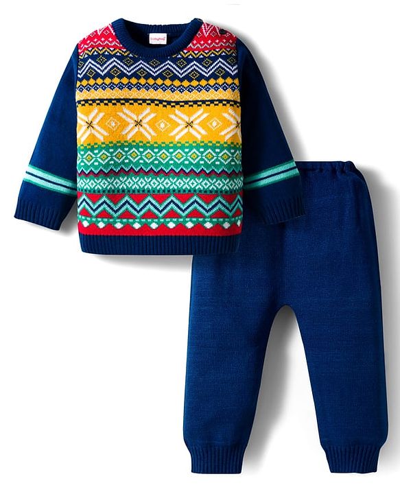 Babyhug Knitted Full Sleeves Sweater Set With Aztec Design - Navy Blue