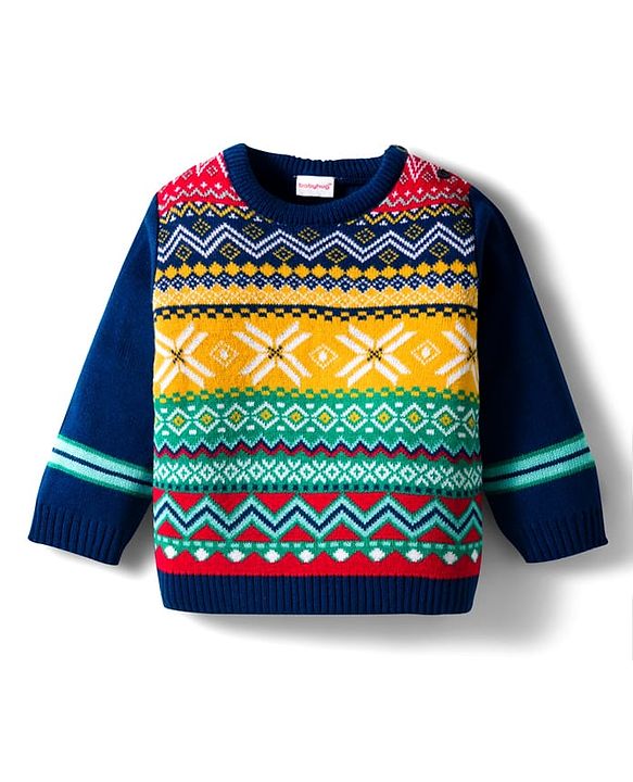 Babyhug Knitted Full Sleeves Sweater Set With Aztec Design - Navy Blue