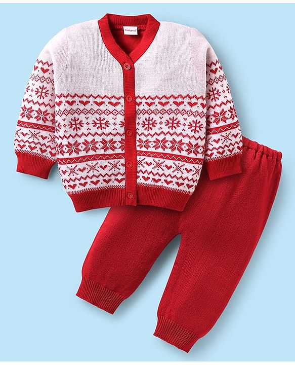 Babyhug Knitted Full Sleeves Front Open Sweater Set With Aztec Design - Red & White