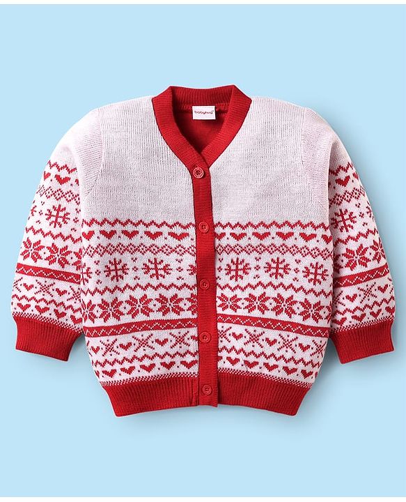 Babyhug Knitted Full Sleeves Front Open Sweater Set With Aztec Design - Red & White