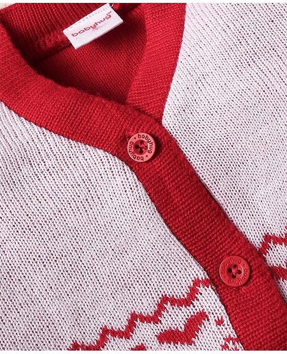 Babyhug Knitted Full Sleeves Front Open Sweater Set With Aztec Design - Red & White