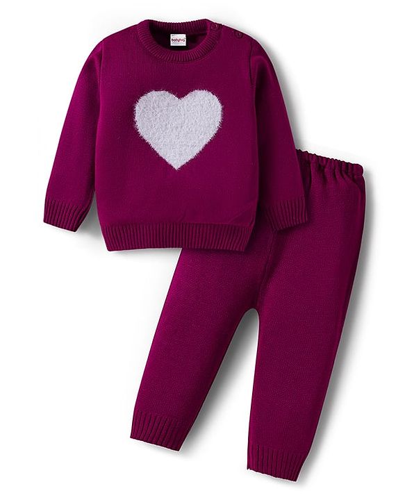 Babyhug Knitted Full Sleeves Sweater Set With Heart Fur Detailing - Wine