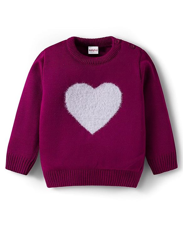 Babyhug Knitted Full Sleeves Sweater Set With Heart Fur Detailing - Wine
