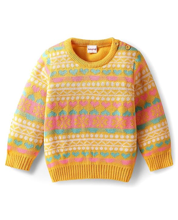 Babyhug Knitted Full Sleeves Sweater Set With Floral Design - Yellow
