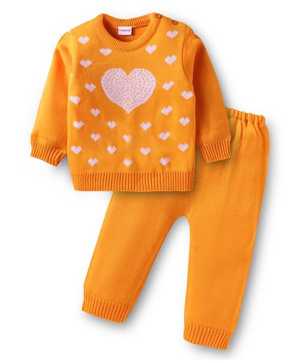 Babyhug Knit Full Sleeves Sweater Set With Heart Design - Yellow