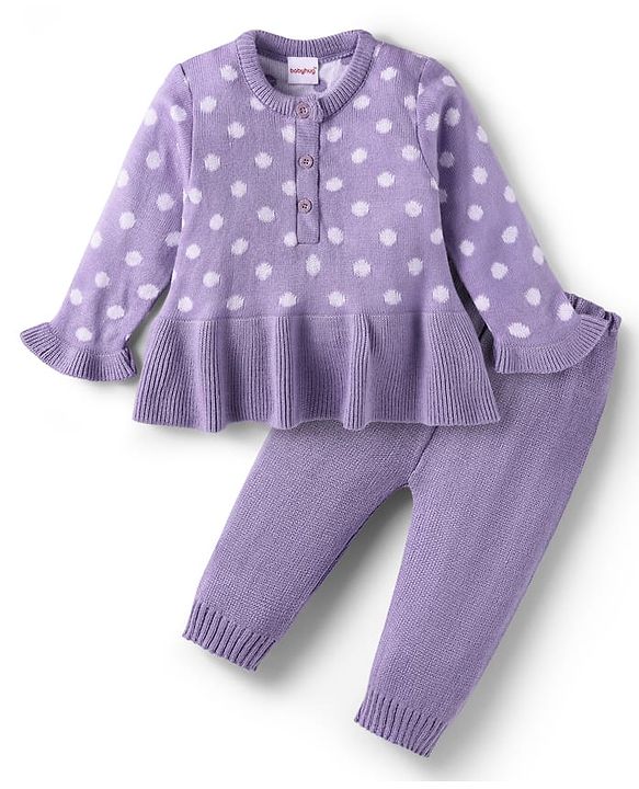 Babyhug Knit Full Sleeves Polka Dot Design Sweater & Pant Set - Violet
