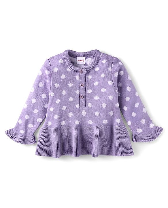 Babyhug Knit Full Sleeves Polka Dot Design Sweater & Pant Set - Violet