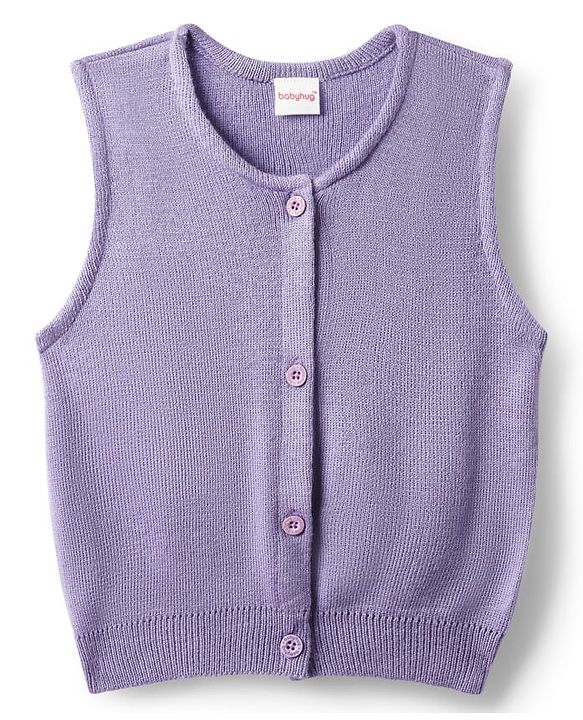 Babyhug Knitted Sleeveless Solid Front Open Sweater Vest - Lavender