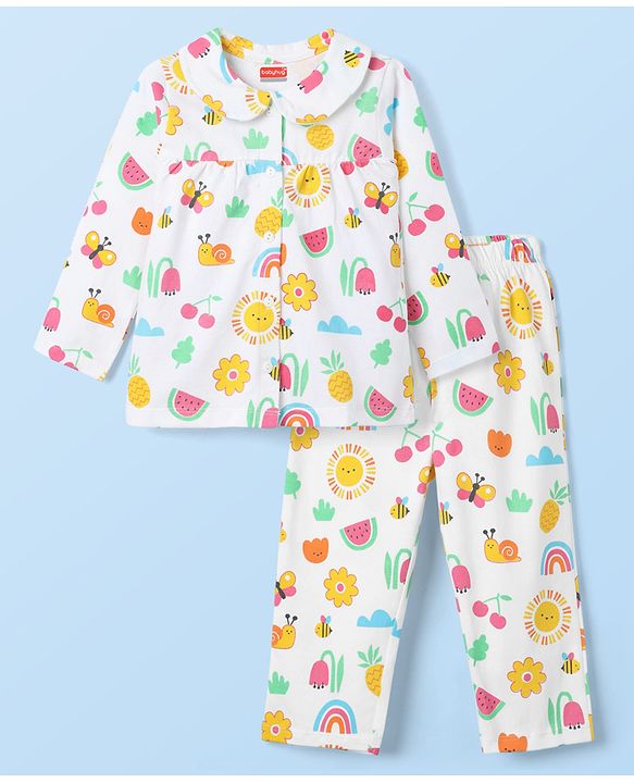 Babyhug Cotton Knit Full Sleeves Co-ords Front Open Night Suit With Floral Print - White
