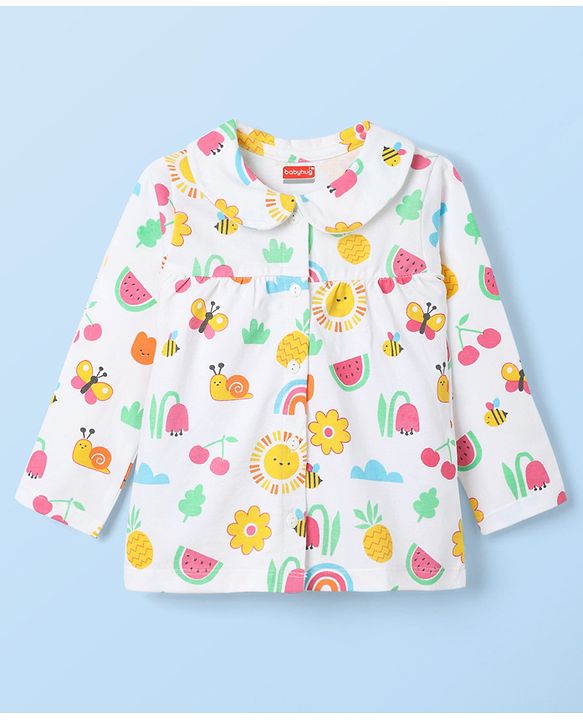 Babyhug Cotton Knit Full Sleeves Co-ords Front Open Night Suit With Floral Print - White