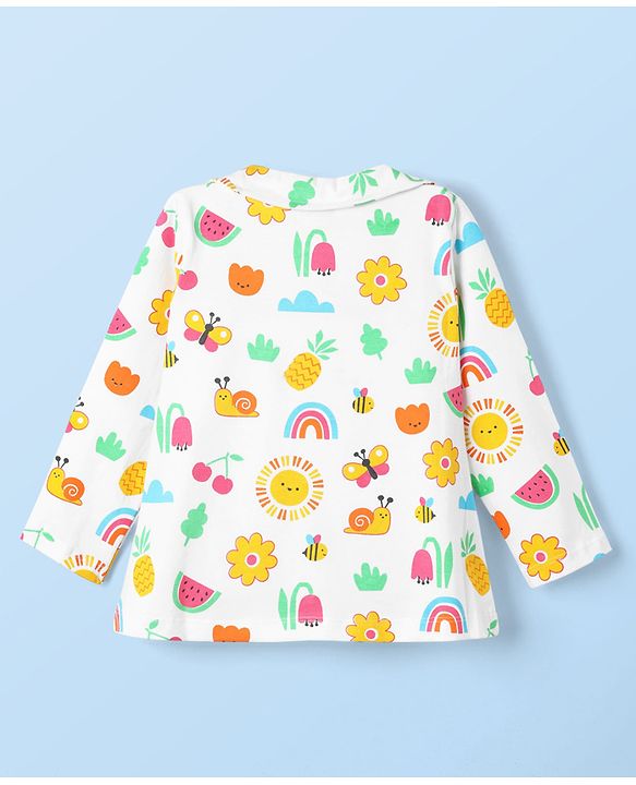 Babyhug Cotton Knit Full Sleeves Co-ords Front Open Night Suit With Floral Print - White