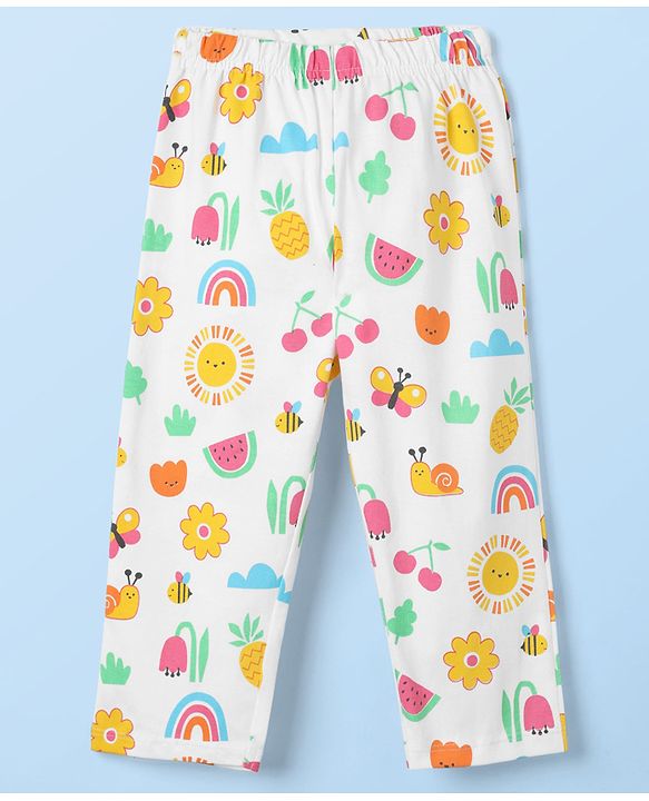 Babyhug Cotton Knit Full Sleeves Co-ords Front Open Night Suit With Floral Print - White
