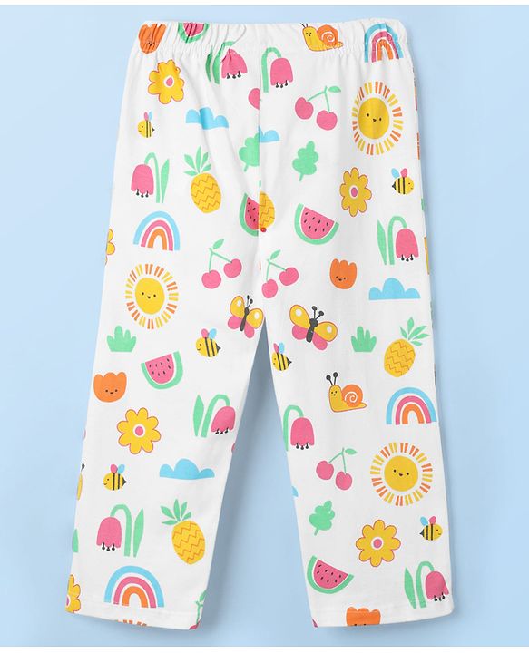 Babyhug Cotton Knit Full Sleeves Co-ords Front Open Night Suit With Floral Print - White