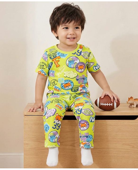Babyhug Cotton Knit Half Sleeves Co-ords Night Suit With Animal Print - Green