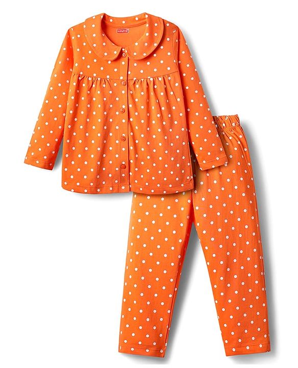 Babyhug Cotton Knit Full Sleeves Front Open Co-ords Night Suit With Polka Dot Print - Orange