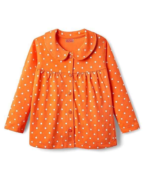 Babyhug Cotton Knit Full Sleeves Front Open Co-ords Night Suit With Polka Dot Print - Orange