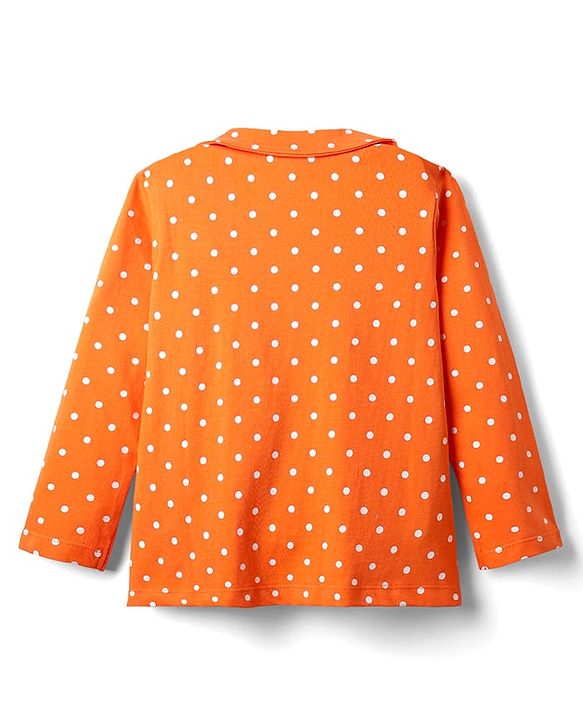 Babyhug Cotton Knit Full Sleeves Front Open Co-ords Night Suit With Polka Dot Print - Orange
