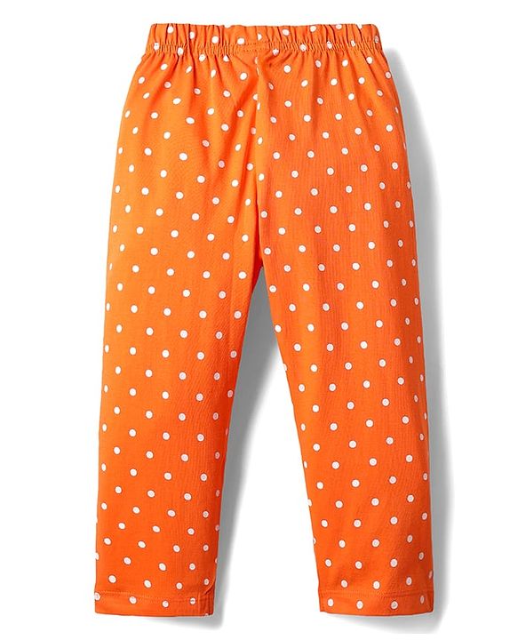 Babyhug Cotton Knit Full Sleeves Front Open Co-ords Night Suit With Polka Dot Print - Orange