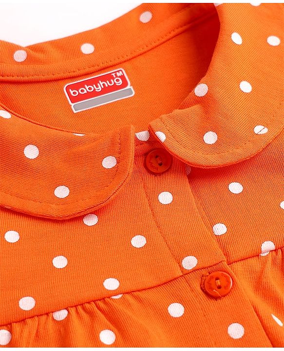 Babyhug Cotton Knit Full Sleeves Front Open Co-ords Night Suit With Polka Dot Print - Orange