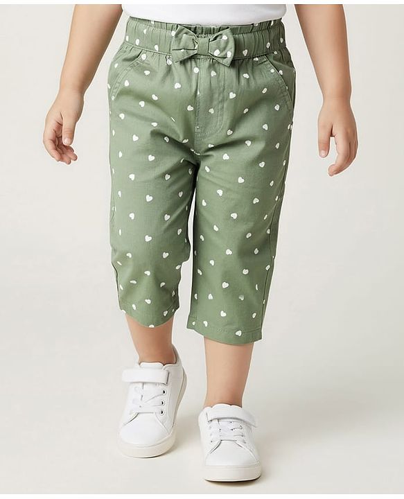 Babyhug Twill Woven Capris With Stretch & Heart Print - Olive Green