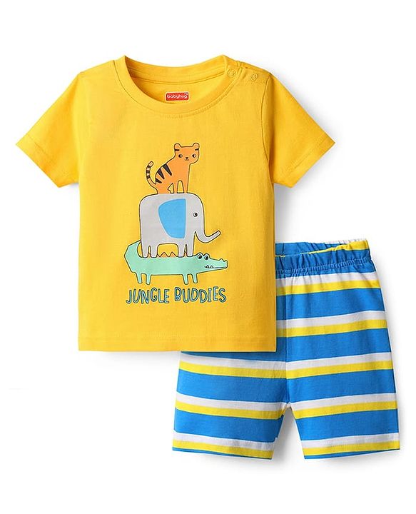 Babyhug Cotton Knit Half Sleeves Shorts Night Suit With Animal Print - Yellow & Blue