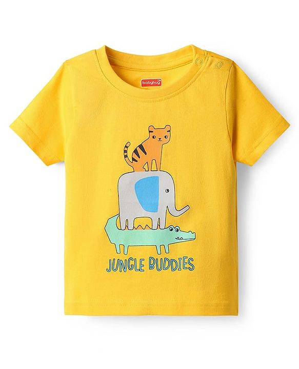 Babyhug Cotton Knit Half Sleeves Shorts Night Suit With Animal Print - Yellow & Blue