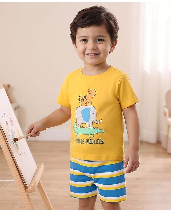 Babyhug Cotton Knit Half Sleeves Shorts Night Suit With Animal Print - Yellow & Blue