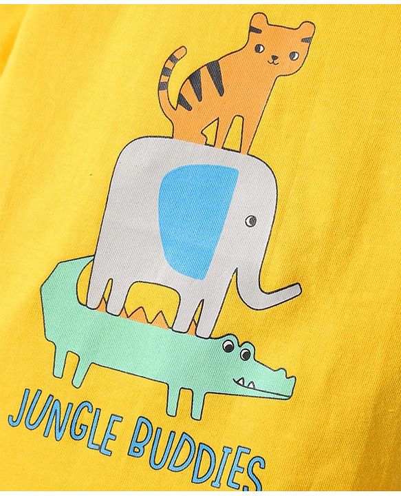 Babyhug Cotton Knit Half Sleeves Shorts Night Suit With Animal Print - Yellow & Blue