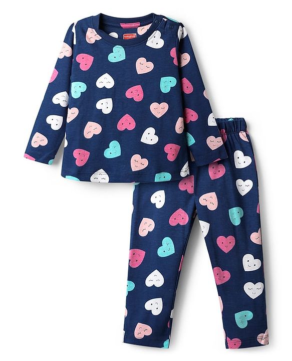 Babyhug Cotton Knit Full Length Co-ords Night Suit With Heart Print - Navy Blue
