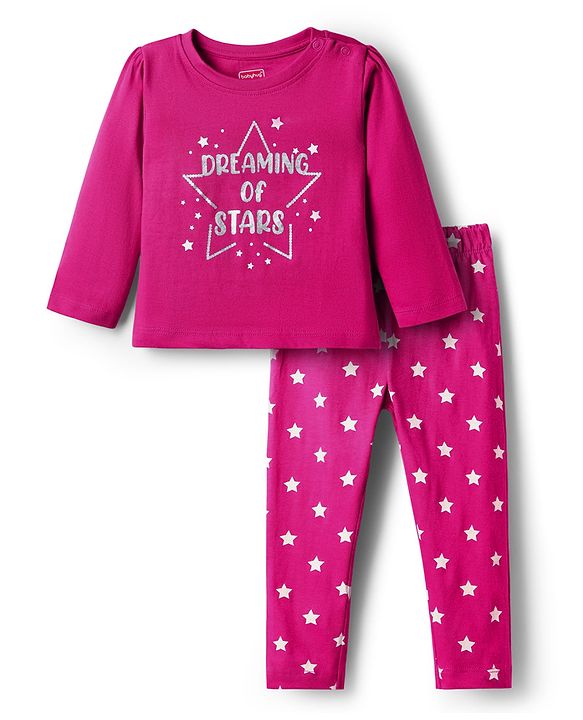 Babyhug Cotton Knit Full Sleeves Night Suit with Star Print - Dark Pink