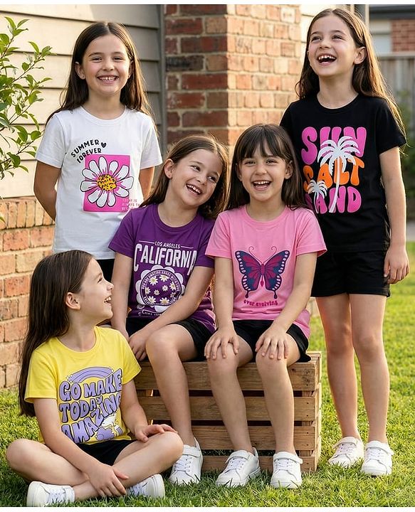 Pine Kids Cotton Knit Half Sleeves T-Shirts with Text Print Pack of 5 - Multicolor