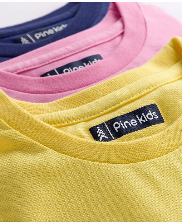 Pine Kids Cotton Knit Half Sleeves T-Shirt With Text Print Pack Of 3 - Yellow Navy Blue & Pink
