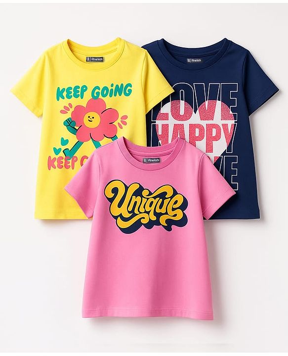 Pine Kids Cotton Knit Half Sleeves T-Shirt With Text Print Pack Of 3 - Yellow Navy Blue & Pink
