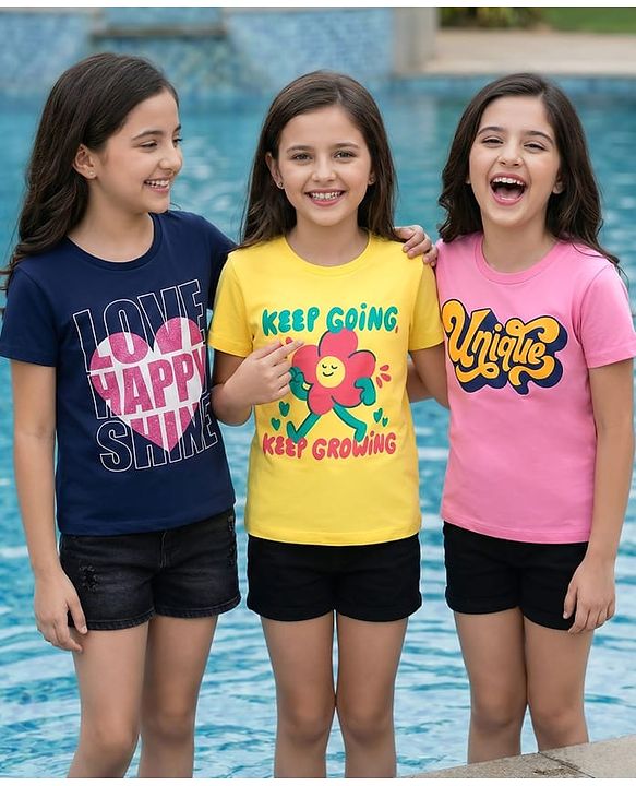 Pine Kids Cotton Knit Half Sleeves T-Shirt With Text Print Pack Of 3 - Yellow Navy Blue & Pink