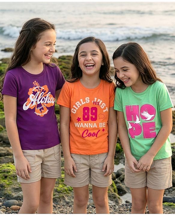 Pine Kids Cotton Knit Half Sleeves Text Printed T-Shirts Pack of 3 - Orange Violet & Green